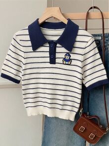 CovetEZ Top de punto con cuello polo, bordado de dibujos animados y patrón a rayas - Multicolor - Ver 7