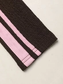 SHEIN Teen Girls Spring Autumn Brown Knitted Textured Fitted Ruched Crew Neck Pink Ribbon Trim Long Sleeve T-Shirt And Wide Leg Pants 2 Pieces Set, Suitable For Autumn Winter Layering - Brown - View 7