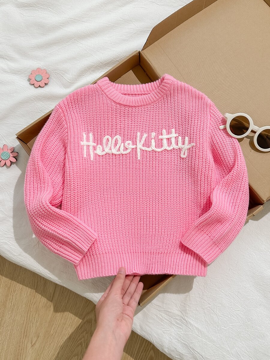 HELLO KITTY AND FRIENDS | SHEIN Vintaside Kids 女童 1件 3D刺繡裝飾圓領針織衫,百搭休閒日常穿著,適合秋冬 - 藕粉色 - 查看 1