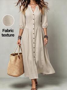 Linhara Plus Size Women Grey Midi Dress V-Neck Half Placket Front Button 3/4 Puff Elastic Cuff Sleeve Cinched Waist Flowy A Line Casual Boho Vacation Summer - Apricot - View 1