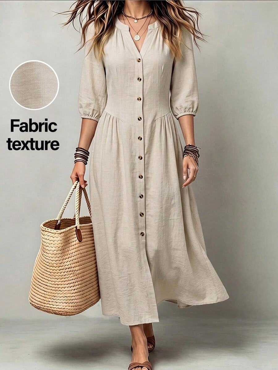 Linhara Plus Size Women Grey Midi Dress V-Neck Half Placket Front Button 3/4 Puff Elastic Cuff Sleeve Cinched Waist Flowy A Line Casual Boho Vacation Summer - Apricot - View 1