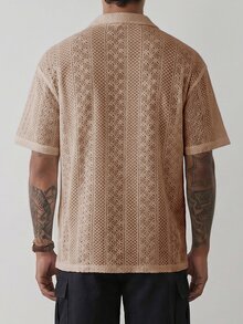 HUEFORM Men's Single-Breasted Embroidered Hollow-Out Knit Shirt, Versatile & Fashionable - Khaki - View 2