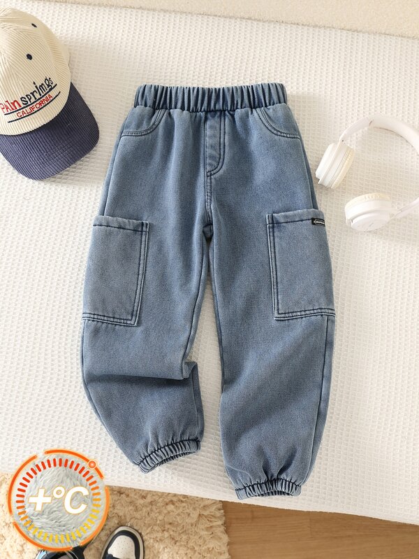 SHEIN Young Boy Autumn/Winter Casual Fleece Lined Thick Workwear Denim Jeans, Suitable For Indoor, Outdoor, Daily Wear