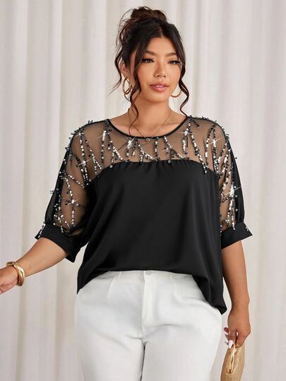 Cravure Plus Size Round Neck 3/4 Sleeve Short Sleeve Gold Foil Fabric Patchwork Contrast Woven Fabric Cuff Raglan Sleeve Casual Outing Vacation Commute Party Pullover Shirt