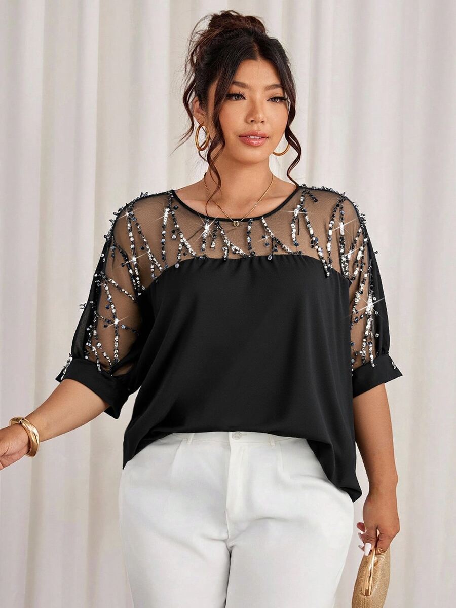 Cravure Plus Size Round Neck 3/4 Sleeve Short Sleeve Gold Foil Fabric Patchwork Contrast Woven Fabric Cuff Raglan Sleeve Casual Outing Vacation Commute Party Pullover Shirt - Black - View 1