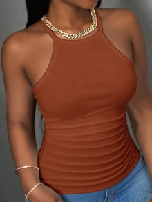 Slaydiva 2026 Primavera/Verano Nuevo Básico Casual Versátil Blanco Liso Acanalado Cuello Redondo Espalda de Corredor - Marrón Mocha - Ver 7