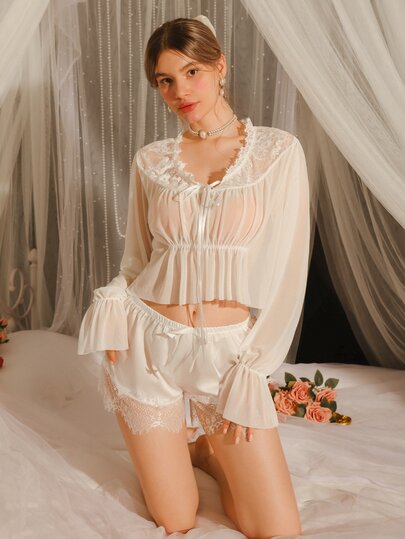 DelicateAllure White Mesh & Lace Patchwork Ruffle Lantern Sleeve Pure Elegant Women's Pajama Top