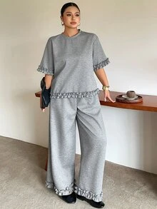 Dazy Plus Patchwork Ruffle Cuff & Hem Design Casual Cropped Wide Leg Pants 2 Pieces Set For Girls Fall - Grey - View 4
