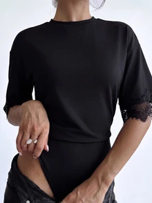 Firerie Women's Solid Color Round Neck Lace Cuff Patchwork Fashion Bodysuit - Black - View 3