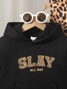 SHEIN Playful Pals 女童秋冬新款時尚休閒三件套：連帽背心 + 休閒運動圓領衛衣 + 成套運動長褲 - 黑色 - 查看 3