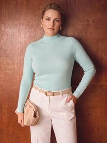 MOTF PREMIUM PLUS SIZE WOMEN'S SOLID COLOR MOCK NECK RIBBED KNIT SWEATER - Blue and White - View 6