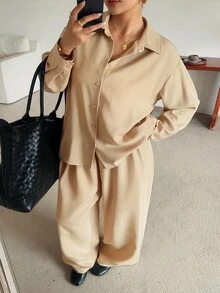 Dazy Plus Solid Color Casual Traditional Loose Long Sleeve Shirt And Wide Leg Pants 2 Pieces Set, Fun Commute Outfit Autumn Formal Vacation Beige - Khaki - View 1
