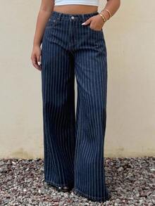 Dazy Plus Plus Size Women's Striped Button Pocket Casual Versatile Everyday Denim Jeans Fall - Dark Wash - View 1