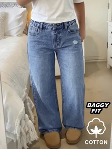SHEIN 女童街頭風 Y2K 休閒破洞磨損不對稱彈性腰淺色水洗淺藍牛仔長褲 2025 春夏校園度假款 - 中等水洗藍 - 查看 5