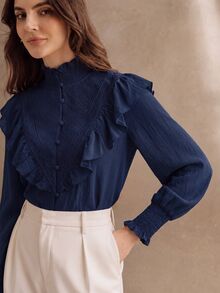 Anewsta Women's New Pink Stand Collar Ruffle Patchwork Lace French Romantic Ruffle Long Sleeve Blouse - Navy Blue - View 6