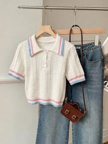 CovetEZ Contrast Trim Polo Neck Knit Top - Multicolor - View 4