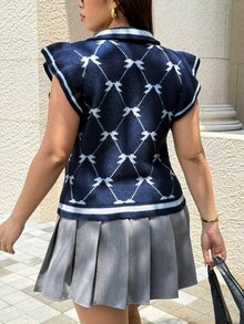 Easura Plus Size Women's Zipper Half-Open Chest Frill Trim Knit Vest Sweater, Elegant And Comfortable - Royal Blue - View 2