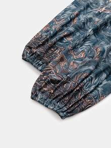 Linhara CURVE Plus Size Women's Bohemian Vintage Print Woven Shirt, Spring/Autumn, Lapel Collar, Half-Button Front, Loose Fit, Dropped Shoulder, Relaxed Casual Style - Blue - View 5