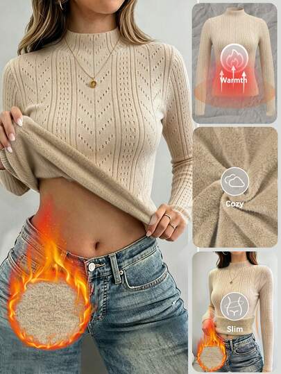 SHEIN LUNE Otoño/Invierno, Elegante, Suéter de punto con textura de color caqui con cuello alto para mujer, Uso diario, Uso en vacaciones, Uso en el trabajo, Uso en el hogar, Suéter para mujer