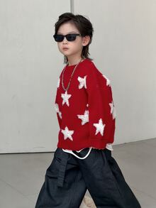 Dazy Kids Young Boy Star Loose Crew Neck Pullover Casual Long Sleeve Autumn/Winter Sweater - Red - View 2