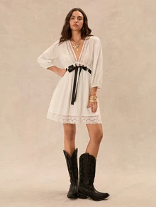 Easelle Women's French Lace Patchwork Hollow Sweet Romantic Boho Elegant Tie-Up Dress Vacation White Black Lace Fall Garden Party Brunch Tea Party - White - View 5