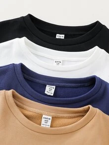 SHEIN 4件組買2送2兒童青少年男孩休閒運動圓領抓絨內裡加厚保暖底層T恤，黑色T恤、白色T恤、卡其色T恤，基礎上衣，適合秋冬、學校、家庭聚會、生日派對，秋季穿搭，冬季穿搭 - 彩色 - 查看 7