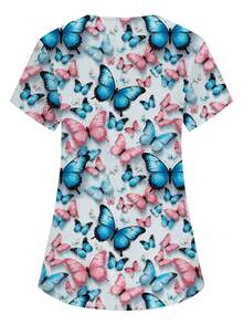 PopScrub Blue Women's V-Neck Short Sleeve Double Pocket Cartoon Print, Pattern Design Print Nurse/Doctor Work Uniform Top/Health Checkup Scrub Uniform, Colorful Butterfly, Blue Butterfly, Pink Butterfly Cartoon Print Pattern Design Print Nurse, Lab, Doctor Work Uniform, Multi-Pocket Functional Women's Top - Blue - View 2