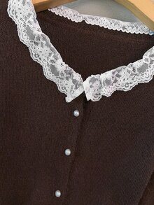 GlowEve CURVE Women's Autumn New Single Piece Round Neck Lace Trim Patchwork Pearl Button Sweet Date Fashion Versatile Knit Daily Commute Lady Loose Short Knit Cardigan Plus Size Top - Coffee Brown - View 6