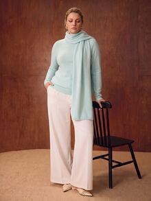 MOTF PREMIUM PLUS SIZE WOMEN'S SOLID COLOR MOCK NECK RIBBED KNIT SWEATER - Blue and White - View 3
