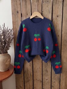 SHEIN Genkimix Kids Fashionable Casual Sweet Cherry Pullover Sweater For Girls - Navy Blue - View 1