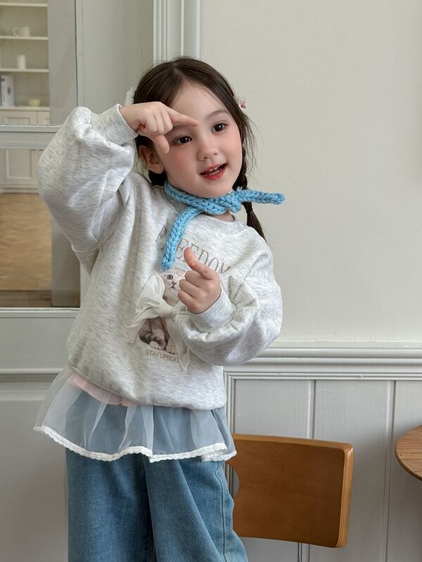 DAZY Infant (Girl) Round Neck Cartoon Bow Long Sleeve Sweatshirt