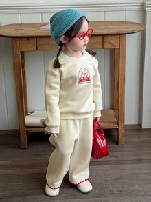 DAZY Infant Girl Round Neck Fleece Lined Cartoon Embroidered Long Sleeve Sweatshirt & Pants Korean Style Casual Autumn/Winter Sweatshirt Set - Apricot - View 6