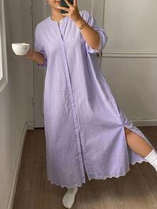 Dazy Plus Minimalist Mid-Length Solid Color Casual Hemline Wavy Edge Short Sleeve Loungewear Dress Nightgown - Purple - View 3