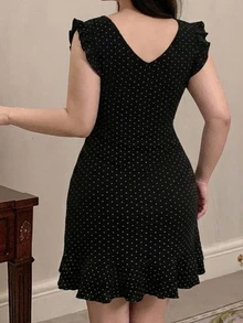Dazy Plus Lace Patchwork Polka Dot All-Over Print Short Waist-Cinching Dress, Sleepwear - Black - View 2