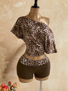 Soleia Plus Size Leopard Print Asymmetrical Collar Top And Shorts 2 Pieces Set - Brown - View 5