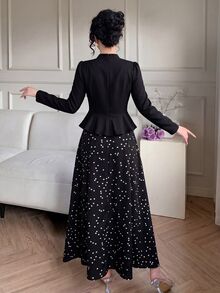 Modelyn 3D Floral Decor Half-High Neck Black Top With Asymmetrical   Polka Dot Two Piece Set  Saudi National Day  Renaissance Outfit Women Business Elegant - Black - View 7