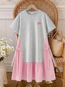 SHEIN 少女蝴蝶結印花拼接條紋荷葉邊下擺洋裝 - 粉色 - 查看 2