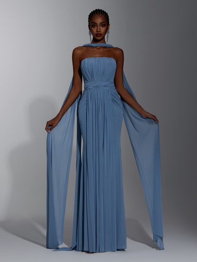 Elitara Elegant Dusty Blue Mesh Strapless Ruched Twist Corset Mermaid Floor Length Evening Gown With Drape Cape Formal Wedding Guest Prom Party Dress