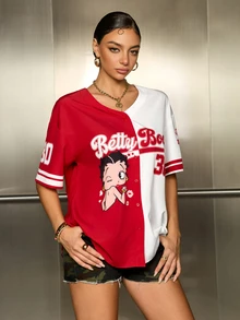 Betty Boop x SHEIN Women's Cartoon Print Colorblock Single-Breasted Shirt - Red and White - View 4