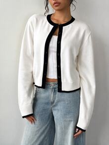 SHEIN BASICS Women's Contrast Trim Thin Cardigan - White - View 6