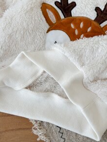4件組女嬰秋冬新款返校粉色與白色可愛軟絨內裡加厚兩件套，貓咪與鹿貼花卡通圖案刺繡，圓領寬鬆長袖慢跑褲，室內穿著、戶外出遊、通勤、休閒百搭時尚套裝 - 藕粉色 - 查看 8
