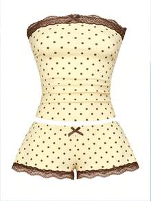 INAWLY Brown And White Polka Dot Polka Dot Print Bandeau Lace Patchwork Bow Decor Women 2 Pieces Set Lounge Summer Cute Sexy Y2k - Yellow - View 4