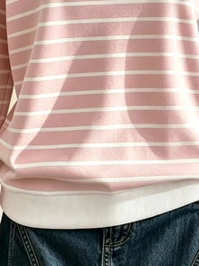 柔美風女孩粉色與白色條紋半拉鍊 Polo 領運動衫，秋冬新款拼色白色領長袖上衣，寬鬆落肩休閒條紋套頭衫，百搭慵懶風中學生日常通勤運動衫 - 彩色 - 查看 3