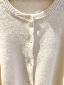 SHEIN Franclia Women Drawstring Waist Fuzzy Knit Cardigan, Long Sleeve Round Neck Button Front Slim Fit Cropped Sweater Coat - White - View 5