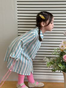 DAZY 女嬰條紋拼接休閒日常夏季洋裝 - 藍色 - 查看 6