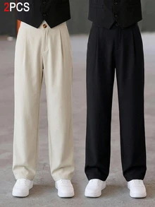 Kids 2pcs Tween Boy Casual Solid Color Mid-Waist Tapered Pants, Perfect For Winter Graduation And Back-To-School Season Photo Shoots - Multicolor - View 5