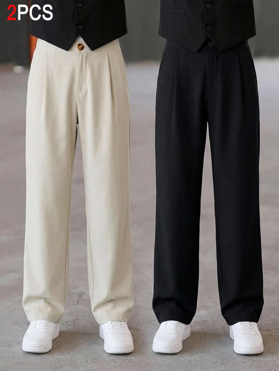 Kids 2pcs Tween Boy Casual Solid Color Mid-Waist Tapered Pants, Perfect For Winter Graduation And Back-To-School Season Photo Shoots - Multicolor - View 1