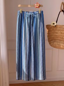 Comfortcana Women's Colorblock Striped Drawstring Waist Wide Leg Loose Long Pants - Blue - View 3