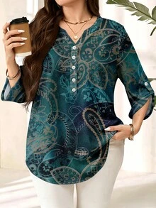 EMERY ROSE Plus Paisley Print Roll Tab Sleeve Blouse - Multicolor - View 6