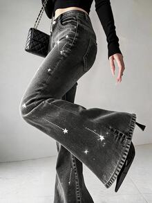 FRIFUL Women's Casual Washed Rhinestone Decorated Flare Jeans Fall - Black - View 1